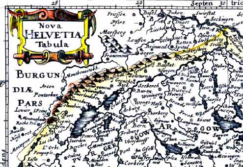 A map of 1628 which shows location of interest  the Emme River and surrounding area. Also the Jura mountains to the northwest of the Emmental where, as we learn later, some Engels fled.